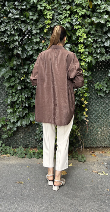 Ceremony Düğmeli Uzun Kollu Dekoratif Dikişli Gömlek KAHVERENGİ - 4