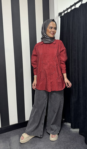 Ceremony Düğmeli Uzun Kollu Dekoratif Dikişli Gömlek KIRMIZI 