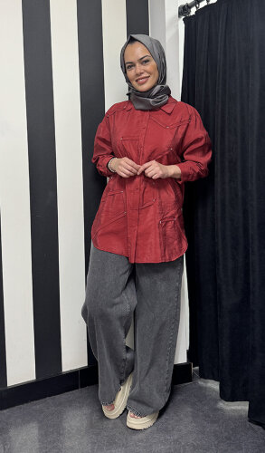 Ceremony Düğmeli Uzun Kollu Dekoratif Dikişli Gömlek KIRMIZI - 2