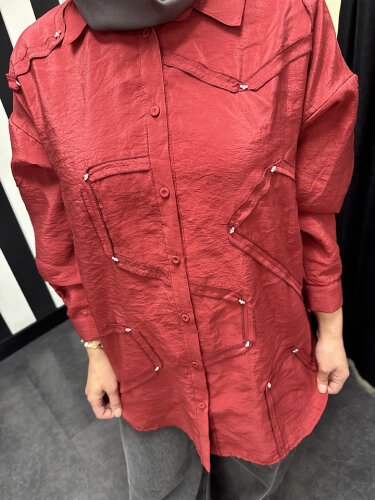 Ceremony Düğmeli Uzun Kollu Dekoratif Dikişli Gömlek KIRMIZI - 3