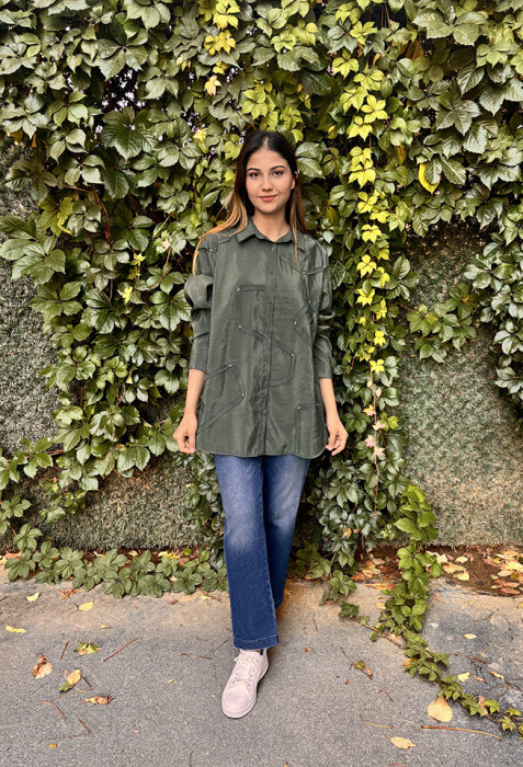 Ceremony Düğmeli Uzun Kollu Dekoratif Dikişli Gömlek Turmalin Yeşil - 1