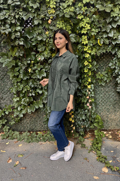 Ceremony Düğmeli Uzun Kollu Dekoratif Dikişli Gömlek Turmalin Yeşil - 2