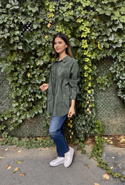 Ceremony Düğmeli Uzun Kollu Dekoratif Dikişli Gömlek Turmalin Yeşil - 3