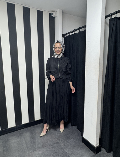 Ceremony Etek Ucu ve Kolları Büzgülü Önden Fermuarlı Aksesuarlı Kısa Dubai Ceket SİYAH - 1