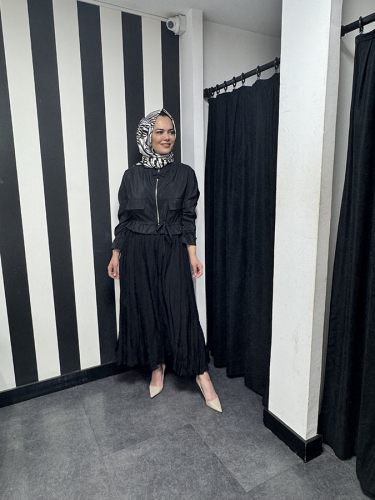 Ceremony Etek Ucu ve Kolları Büzgülü Önden Fermuarlı Aksesuarlı Kısa Dubai Ceket SİYAH - 2