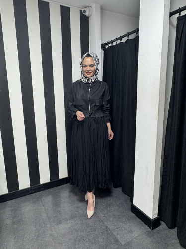 Ceremony Etek Ucu ve Kolları Büzgülü Önden Fermuarlı Aksesuarlı Kısa Dubai Ceket SİYAH - 3