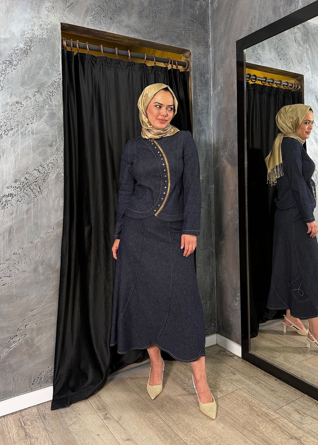 Ceremony Fermuarlı Yarım Ay Detaylı Örme Denim Etekli Takım ORJİNAL - 2