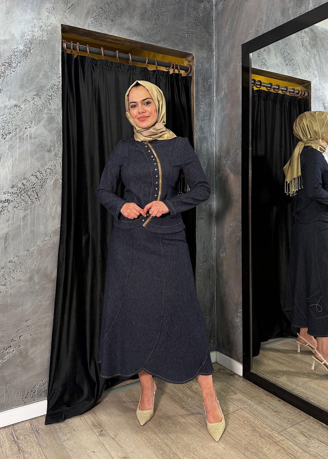 Ceremony Fermuarlı Yarım Ay Detaylı Örme Denim Etekli Takım ORJİNAL - 3