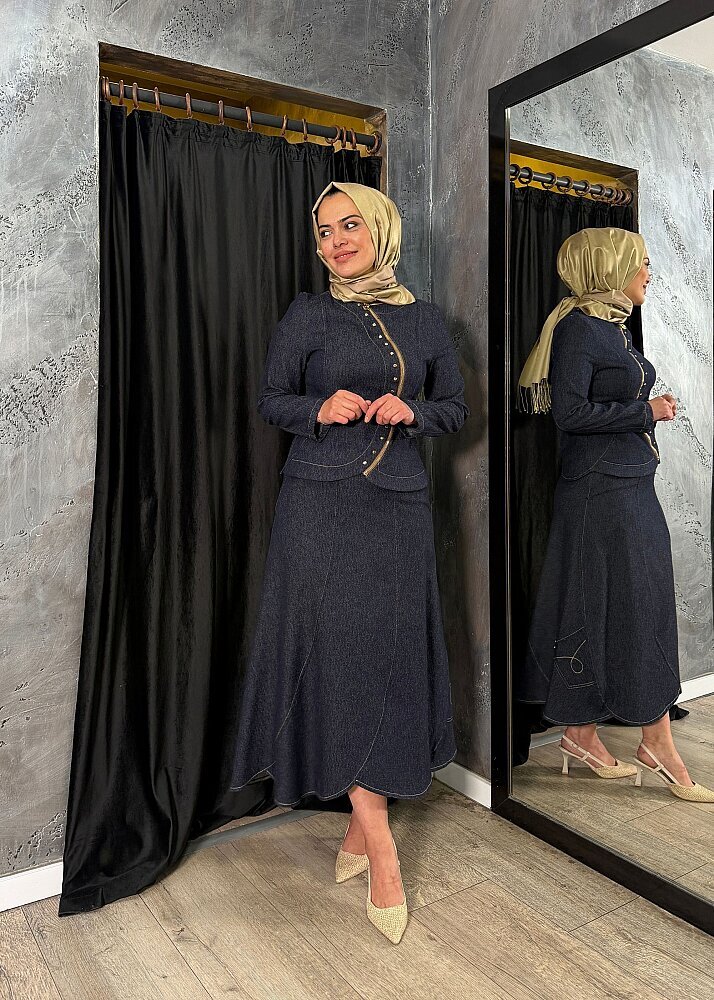 Ceremony Fermuarlı Yarım Ay Detaylı Örme Denim Etekli Takım ORJİNAL - 6