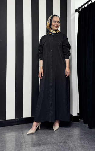 Ceremony Halka Detaylı Önü Düğmeli Kapak Cepli Dubai Gömlek Elbise SİYAH - 2