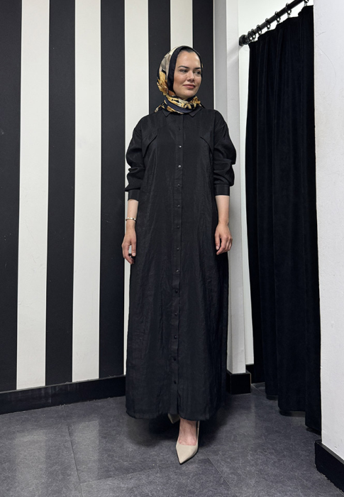 Ceremony Halka Detaylı Önü Düğmeli Kapak Cepli Dubai Gömlek Elbise SİYAH - 3