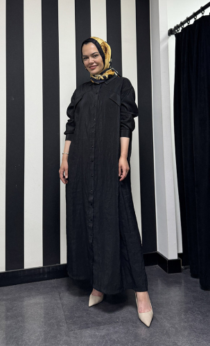 Ceremony Halka Detaylı Önü Düğmeli Kapak Cepli Dubai Gömlek Elbise SİYAH - 1