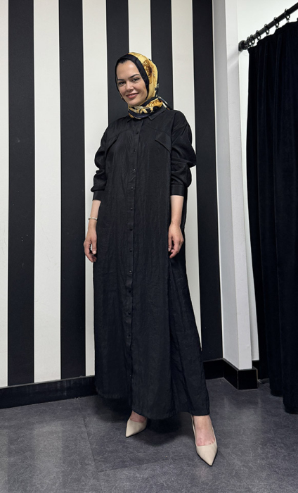 Ceremony Halka Detaylı Önü Düğmeli Kapak Cepli Dubai Gömlek Elbise SİYAH - 1