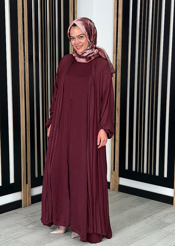 Ceremony İç Elbisesi Önden Kapalı Pile Kaftanlı Cupra Elbise Takım BORDO
