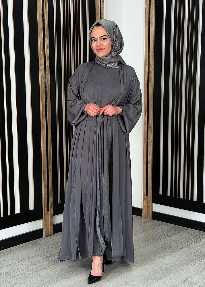 Ceremony İç Elbisesi Önden Kapalı Pile Kaftanlı Cupra Elbise Takım GRİ