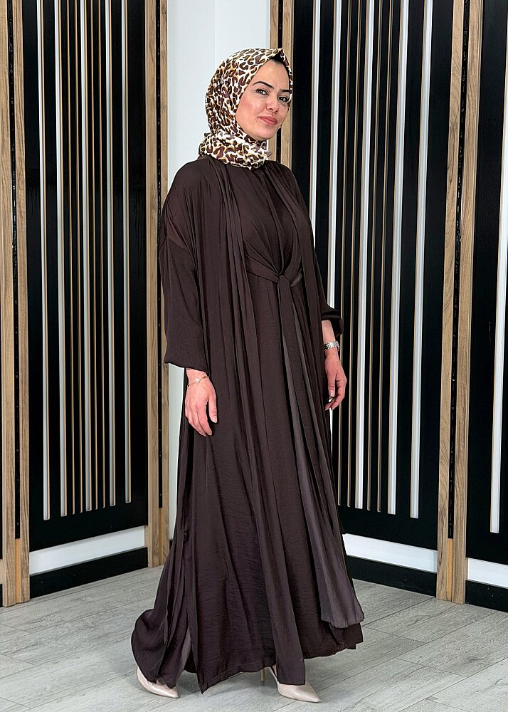 Ceremony İç Elbisesi Önden Kapalı Pile Kaftanlı Cupra Elbise Takım KAHVE