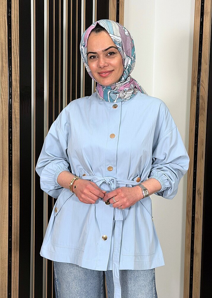 Ceremony Kapüşonlu Önden Çıtçıt Detaylı Pamuk Kısa Kap MAVİ