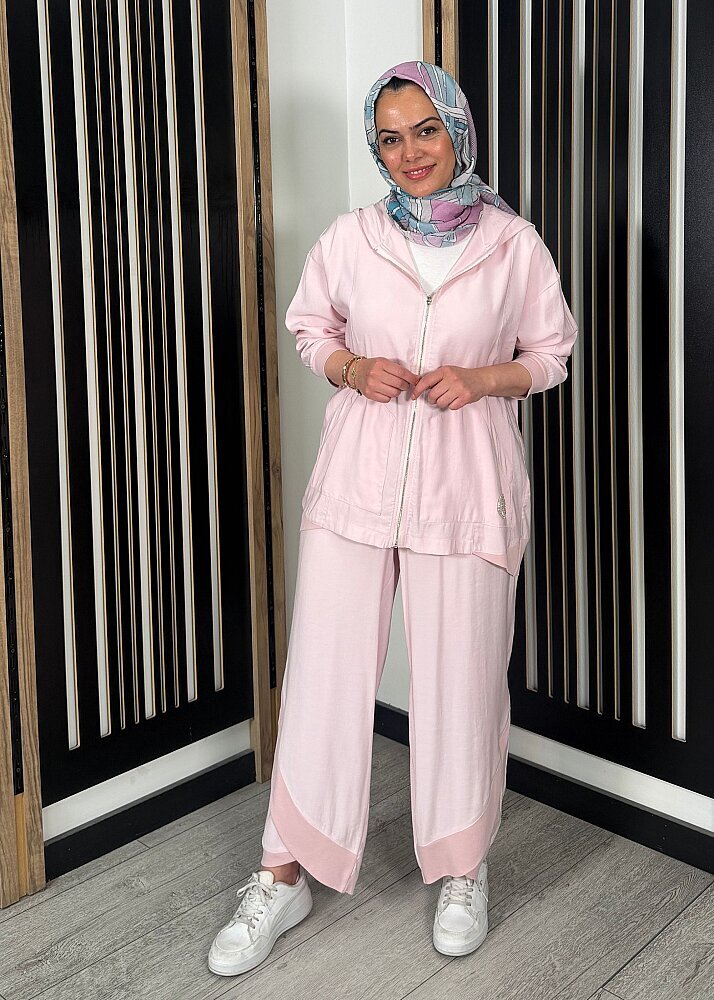 Ceremony Kapüşonlu ve Fermuarlı Cebi Arma Detaylı Pantolonlu Modal Takım PEMBE - 3