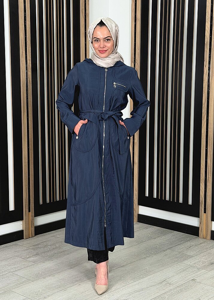 Ceremony Kapüşonlu Yuvarlak Torba Cepli Fermuarlı Safari Kap LACİVERT 