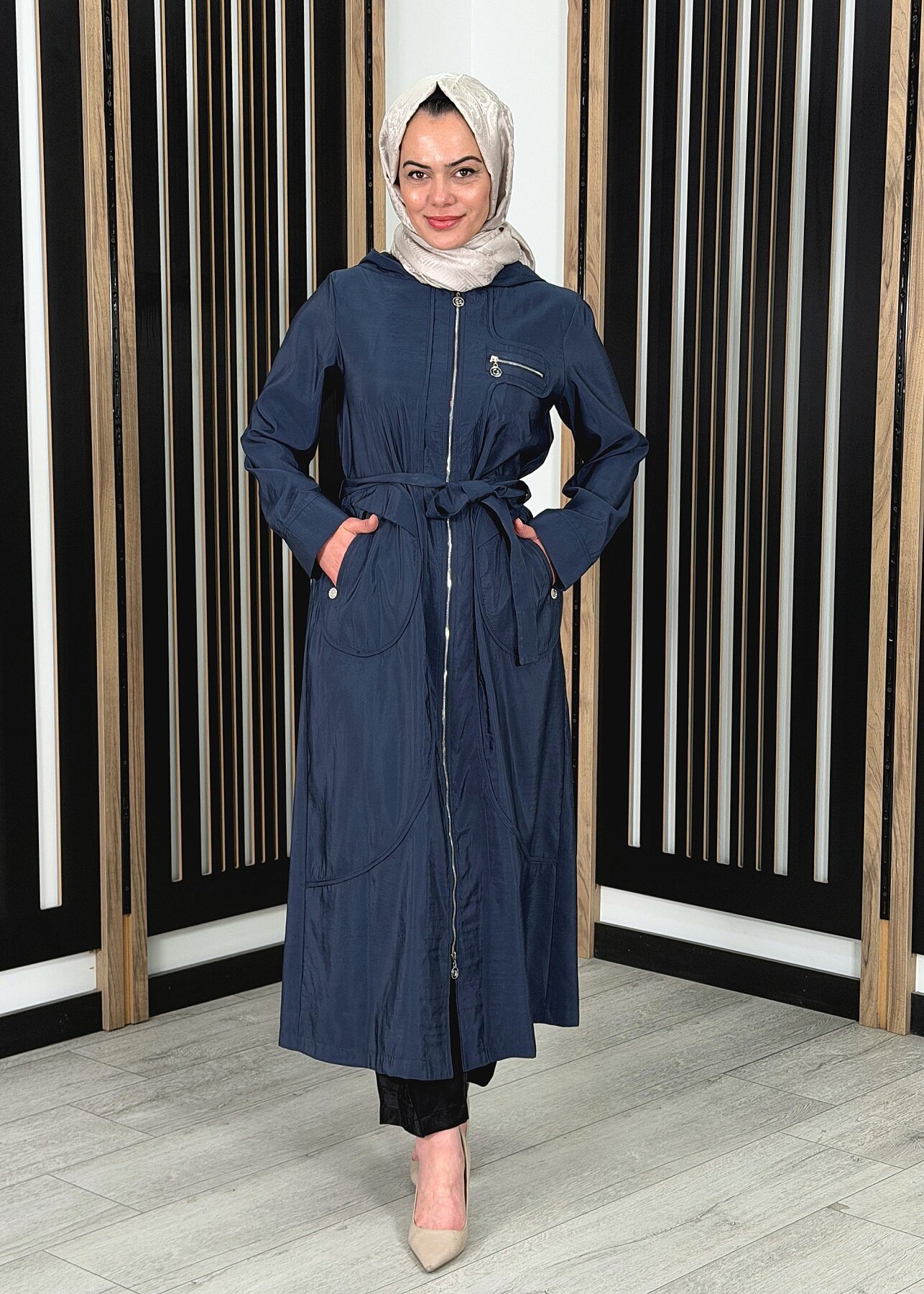 Ceremony Kapüşonlu Yuvarlak Torba Cepli Fermuarlı Safari Kap LACİVERT - 1