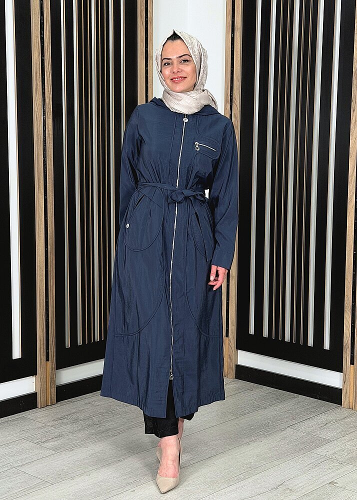 Ceremony Kapüşonlu Yuvarlak Torba Cepli Fermuarlı Safari Kap LACİVERT - 2