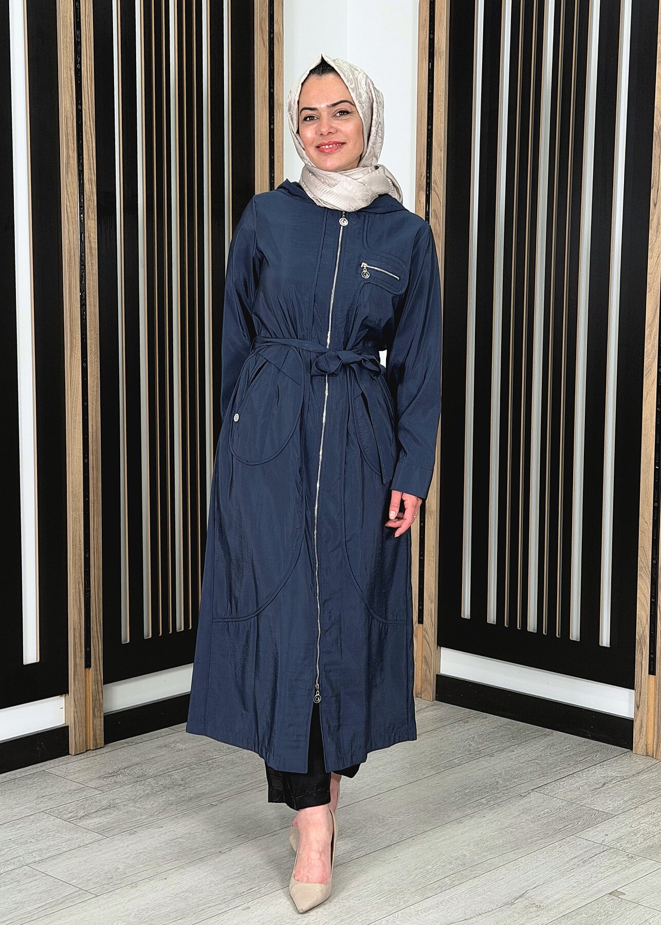 Ceremony Kapüşonlu Yuvarlak Torba Cepli Fermuarlı Safari Kap LACİVERT - 2