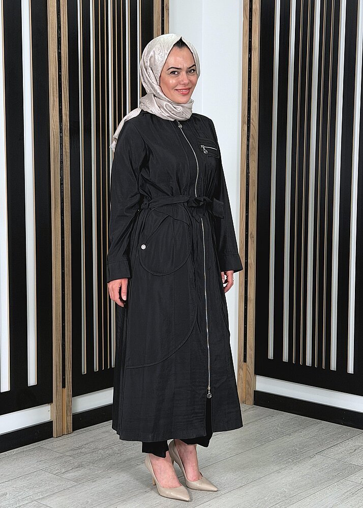 Ceremony Kapüşonlu Yuvarlak Torba Cepli Fermuarlı Safari Kap SİYAH - 2