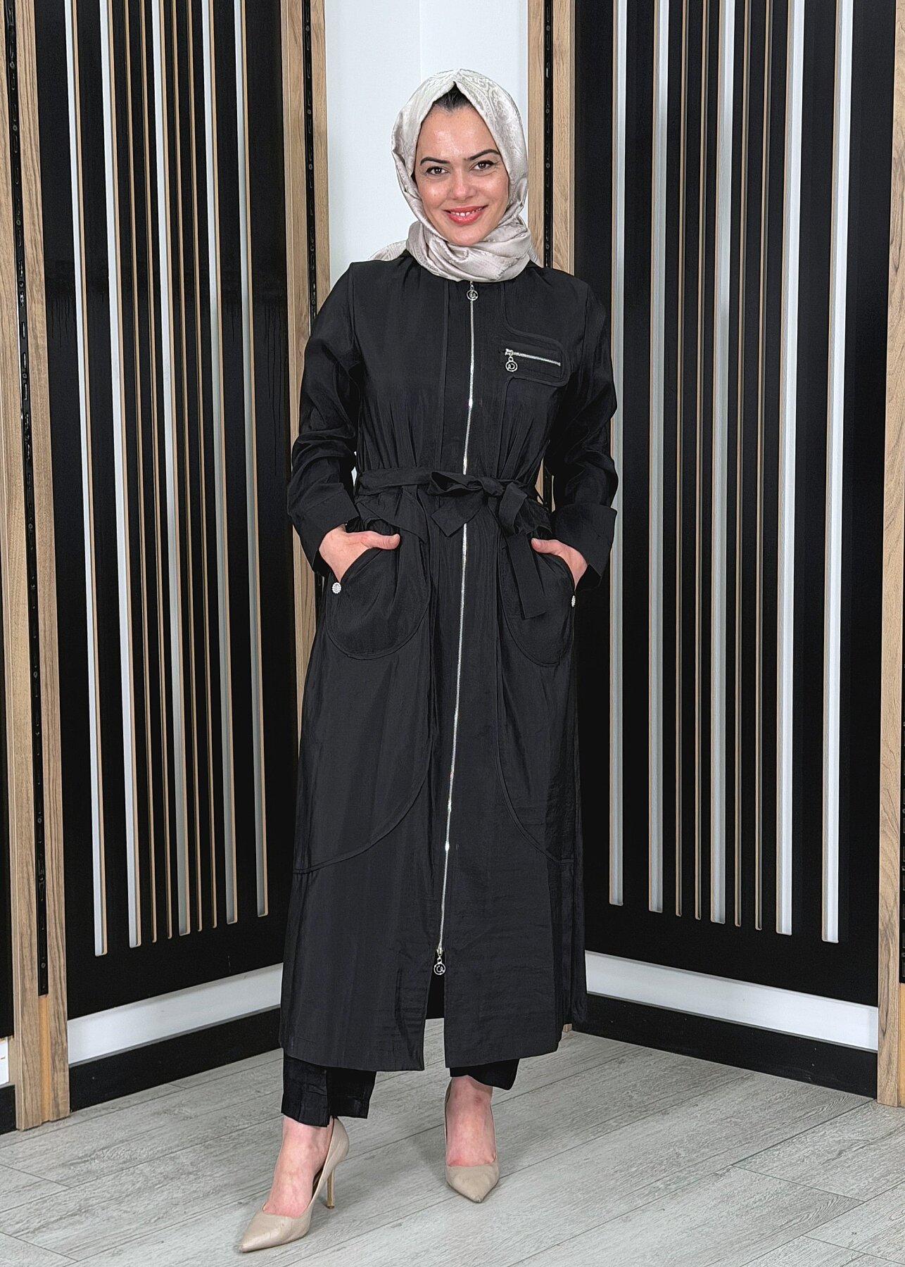 Ceremony Kapüşonlu Yuvarlak Torba Cepli Fermuarlı Safari Kap SİYAH - 4