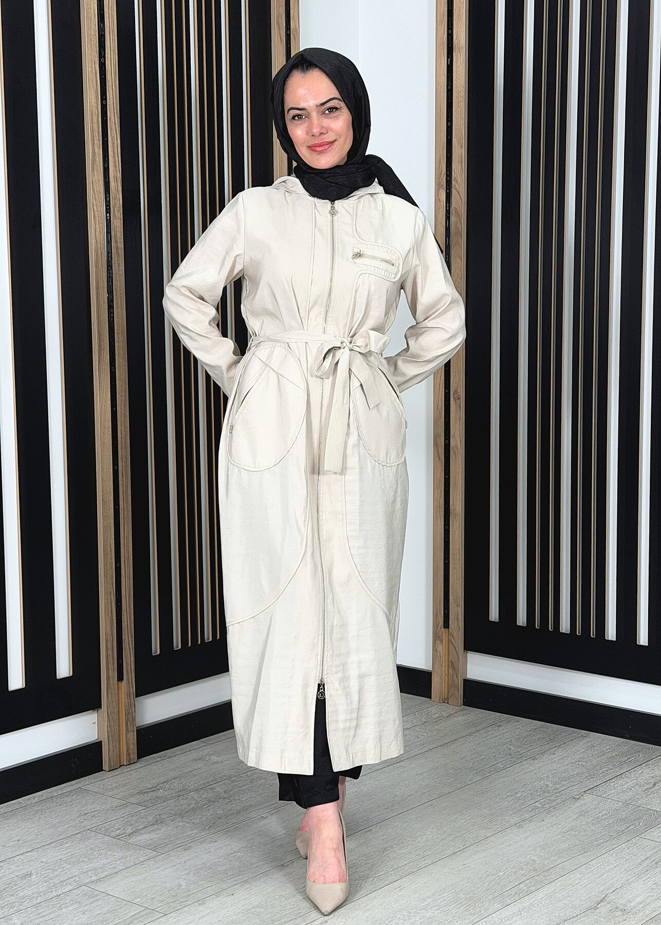 Ceremony Kapüşonlu Yuvarlak Torba Cepli Fermuarlı Safari Kap TAŞ - 3