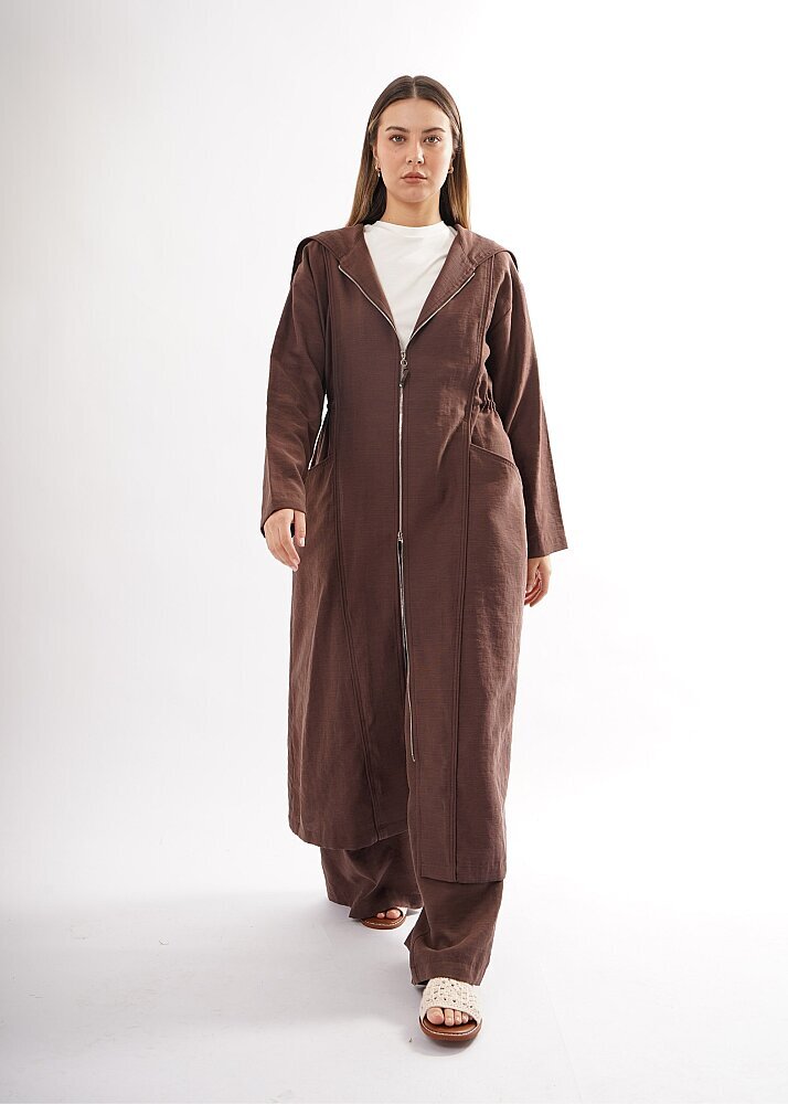 Ceremony Kapüşonu ve Önü Fermuarlı Keten Kap KAHVERENGİ - 1