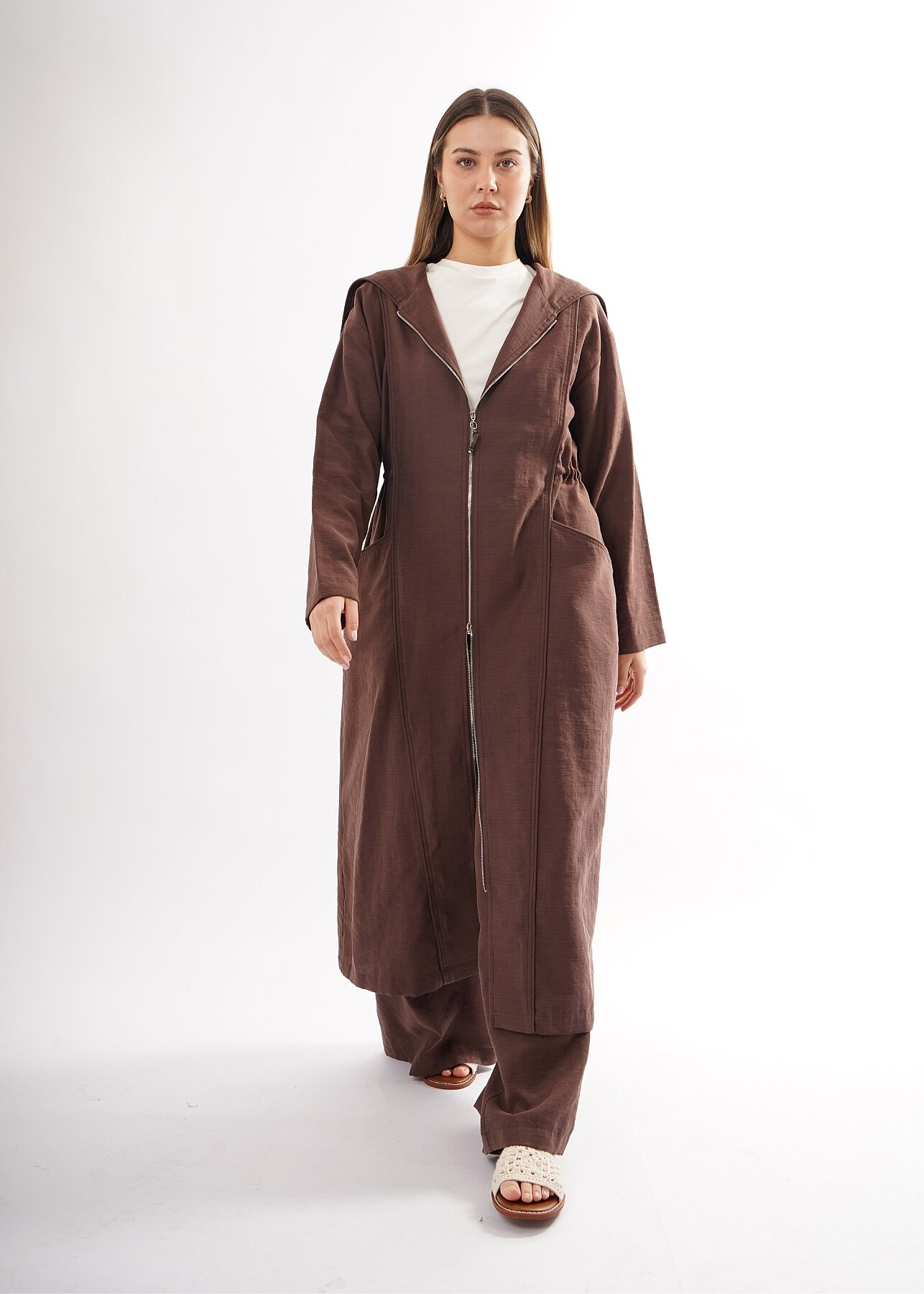 Ceremony Kapüşonu ve Önü Fermuarlı Keten Kap KAHVERENGİ - 1