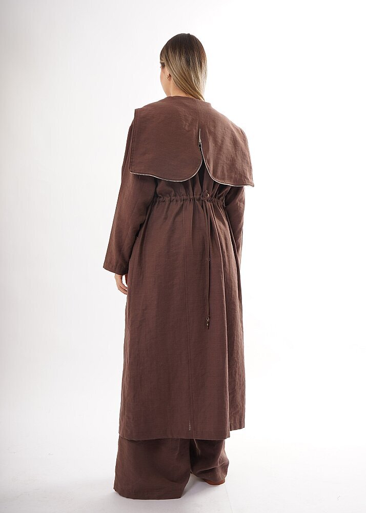 Ceremony Kapüşonu ve Önü Fermuarlı Keten Kap KAHVERENGİ - 2