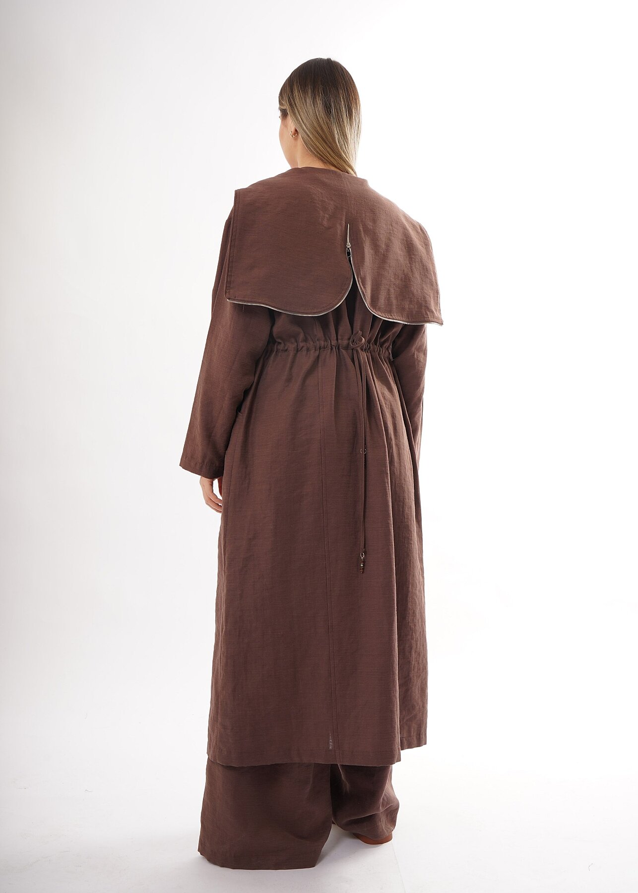Ceremony Kapüşonu ve Önü Fermuarlı Keten Kap KAHVERENGİ - 2