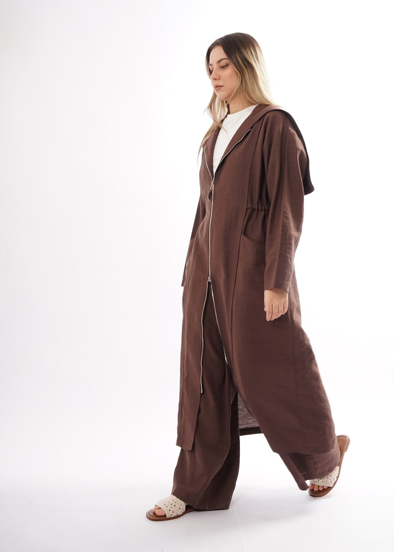 Ceremony Kapüşonu ve Önü Fermuarlı Keten Kap KAHVERENGİ - 3