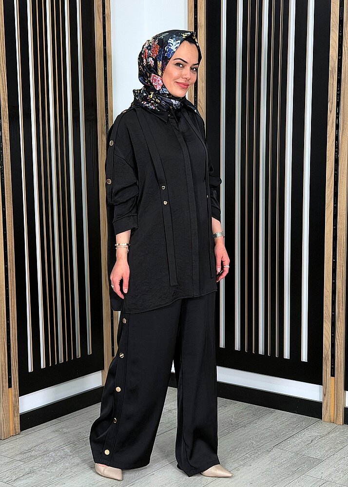 Ceremony Kolları Çıtçıt Detaylı Önleri Parçalı Gizli Patlı Safir Tunik SİYAH