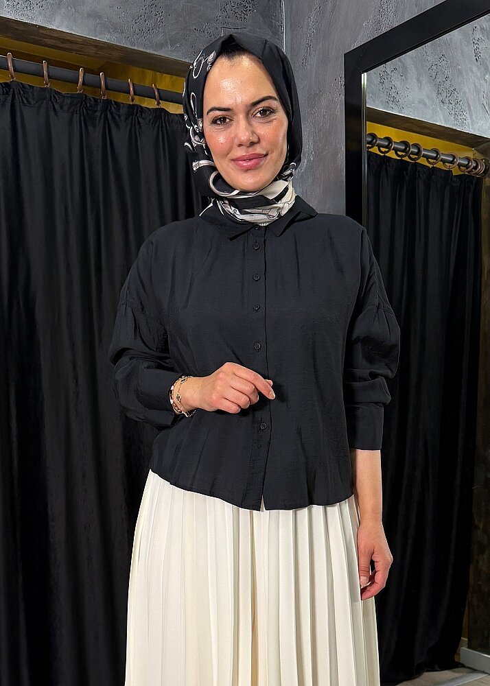 Ceremony Kolları Düğme Detaylı Miranda Kısa Gömlek SİYAH 