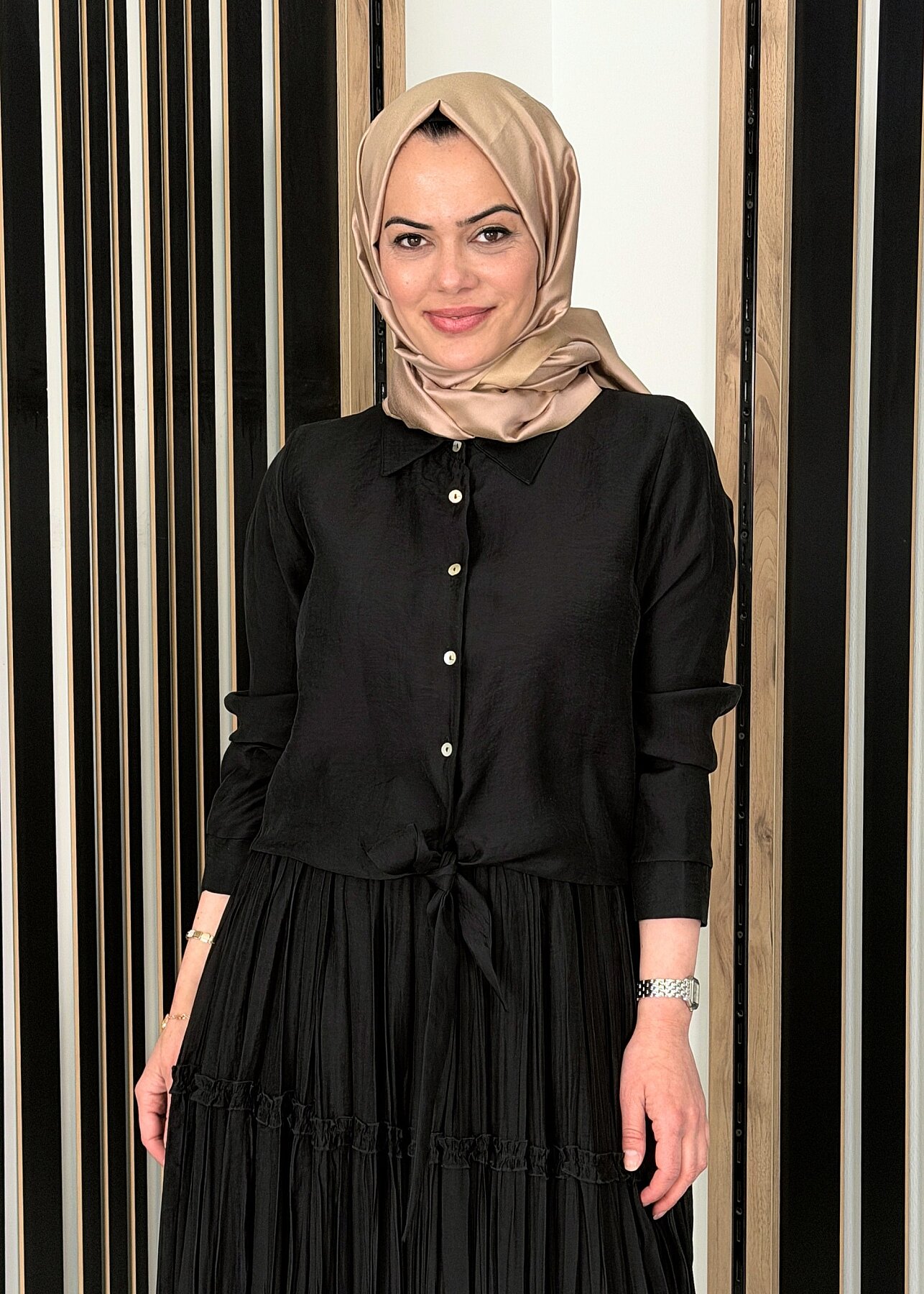 Ceremony Önden Bağlamalı Kısa Nil Gömlek SİYAH - 1