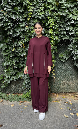 Ceremony Önden Çift Fermuarlı Kapüşonlu Pantolonlu Takım MÜRDÜM - CEREMONY