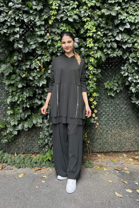 Ceremony Önden Çift Fermuarlı Kapüşonlu Pantolonlu Takım YEŞİL - 1