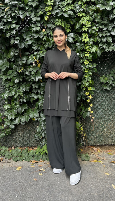 Ceremony Önden Çift Fermuarlı Kapüşonlu Pantolonlu Takım YEŞİL - 2