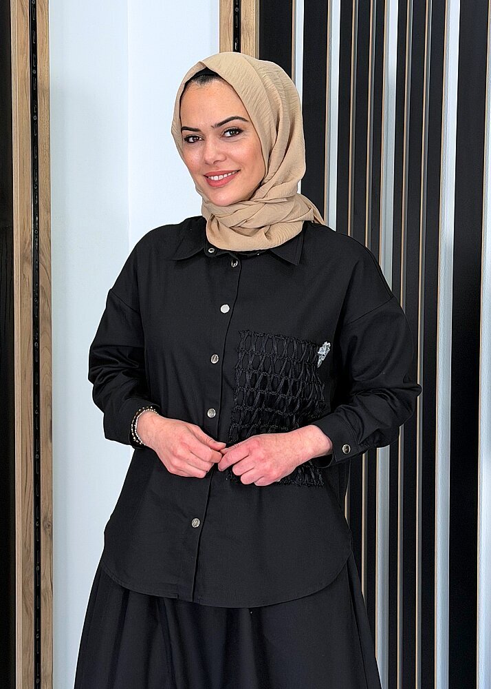 Ceremony Önden Çıtçıtlı File Baskı Detaylı Neptün Gömlek SİYAH