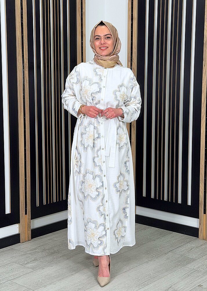 Ceremony Önden Düğmeli Çiçek Payetli Keten Elbise ORJİNAL - 1