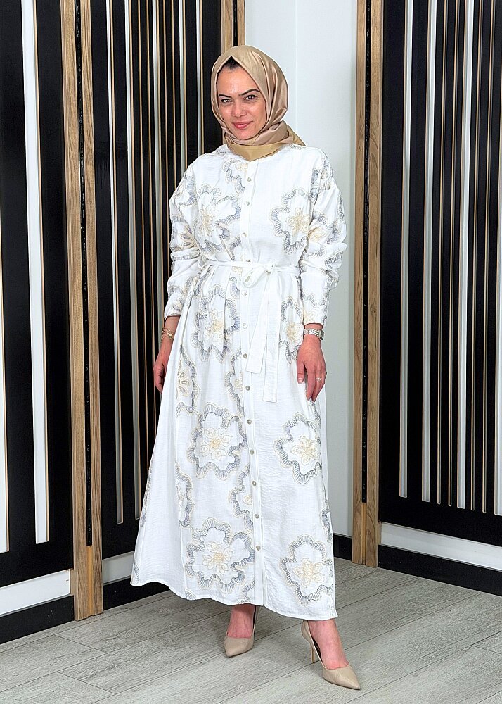 Ceremony Önden Düğmeli Çiçek Payetli Keten Elbise ORJİNAL - 2