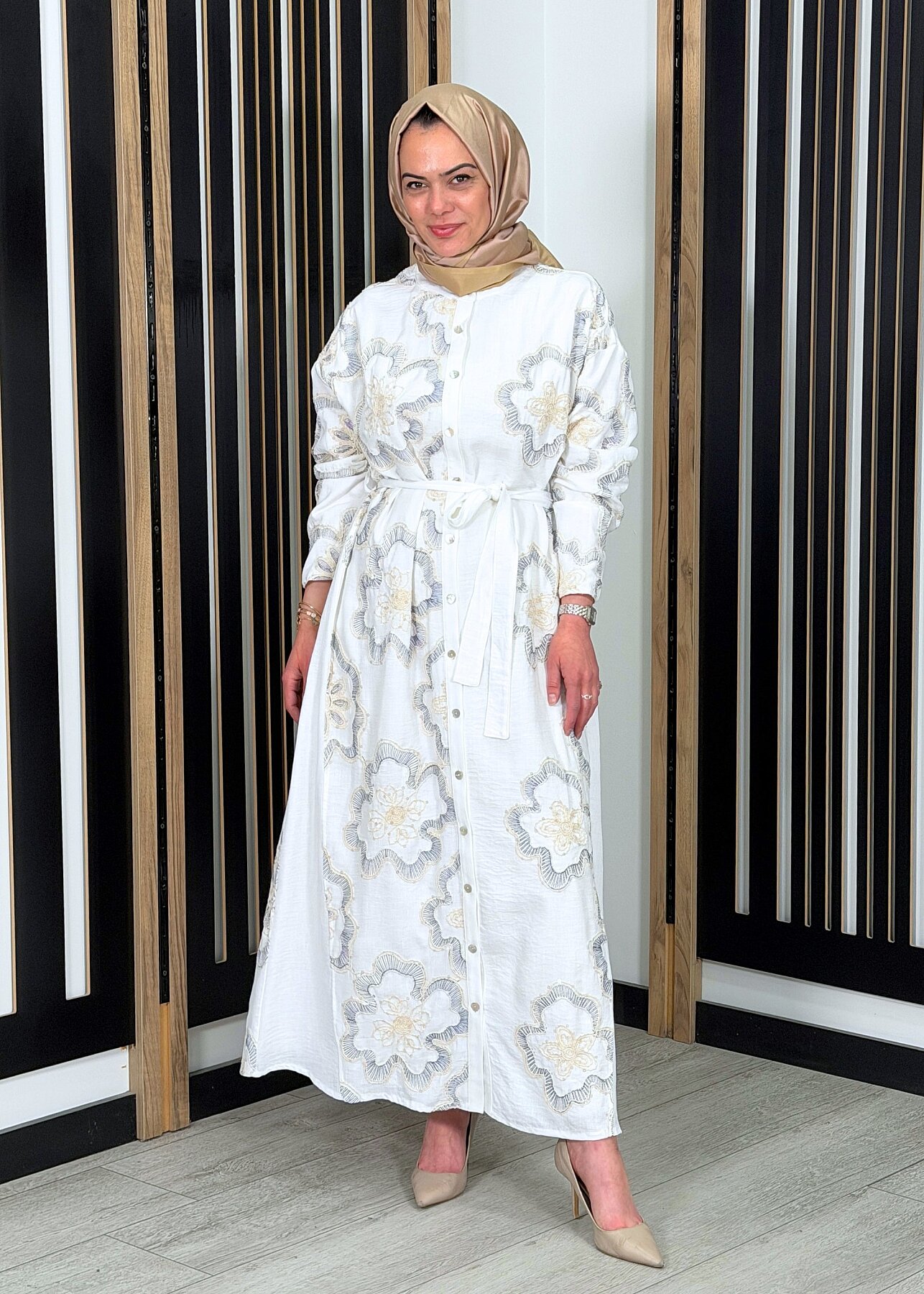 Ceremony Önden Düğmeli Çiçek Payetli Keten Elbise ORJİNAL - 2