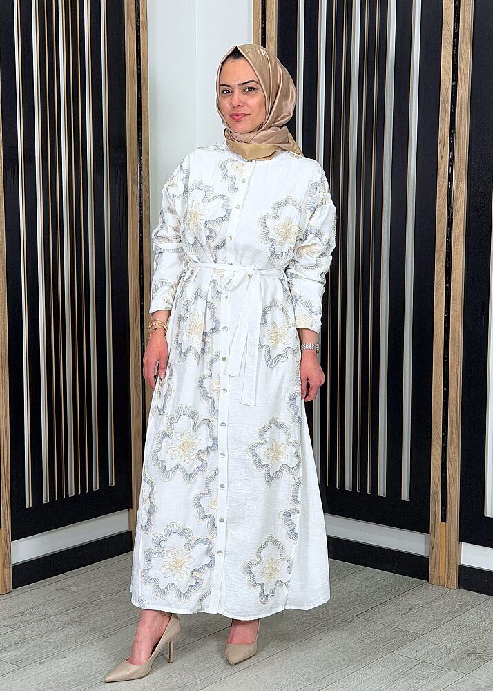 Ceremony Önden Düğmeli Çiçek Payetli Keten Elbise ORJİNAL - 3