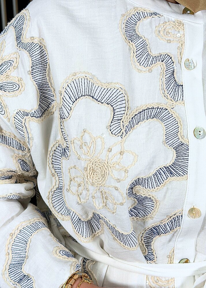 Ceremony Önden Düğmeli Çiçek Payetli Keten Elbise ORJİNAL - 4