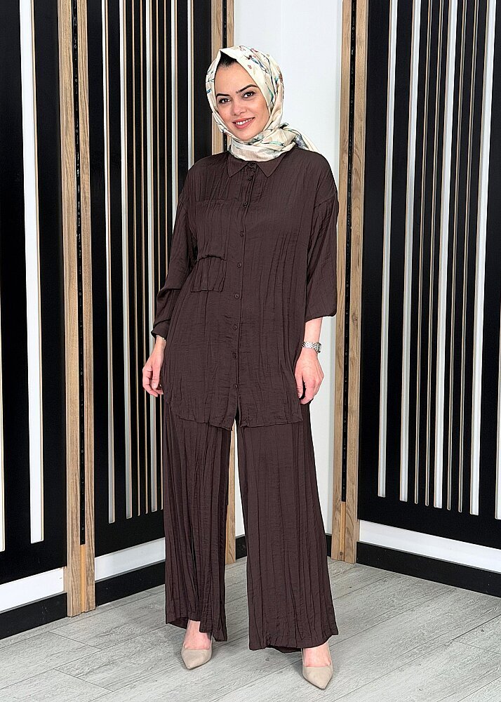 Ceremony Önden Düğmeli İki Kat Cepli Pantolonlu Cupra Takım KAHVE