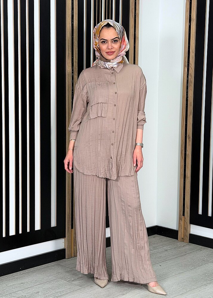 Ceremony Önden Düğmeli İki Kat Cepli Pantolonlu Cupra Takım VİZON
