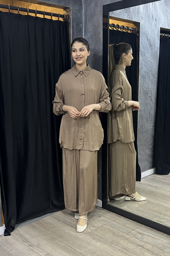 Ceremony Önden Düğmeli Pantolonlu Tunik Takım KAKAO KAHVE 