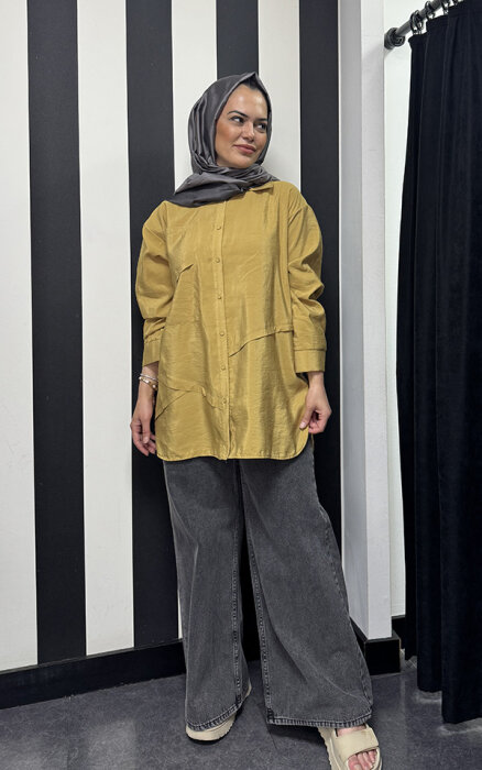 Ceremony Önden Düğmeli Uzun Cep Detaylı Tunik HARDAL - 1